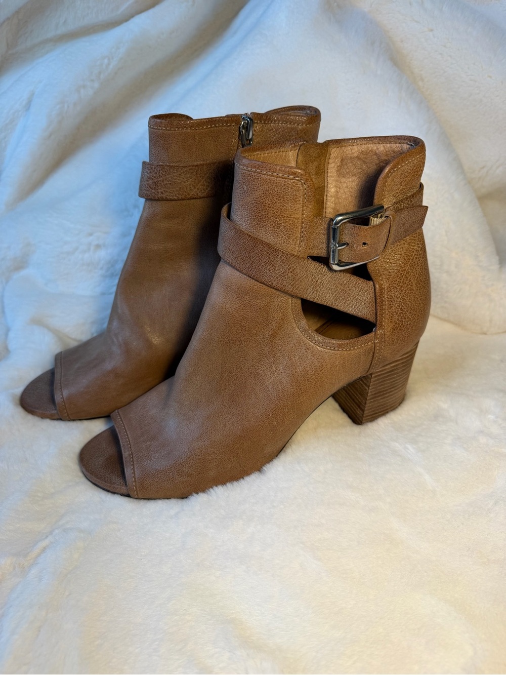 Donald J. Pliner Tan Brown Peep-Toe Cutout Ankle Boots with Buckle